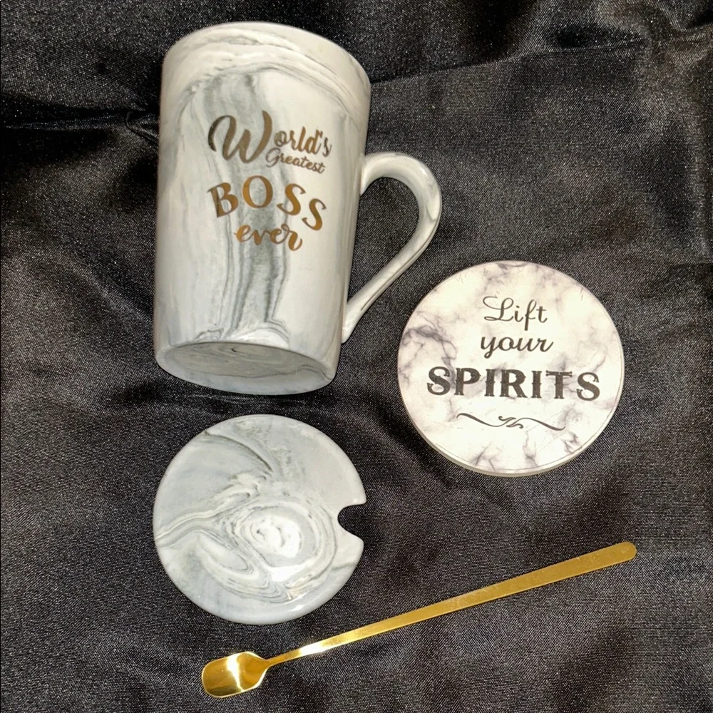 Source Unknown White Marble 'World's Greatest Boss Ever' Mug with Gold Accents